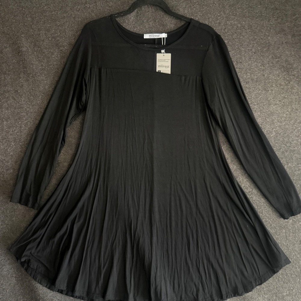 Womens XL Black Long Sleeve Mesh‎ Panel Tunic dress gothic party dance recital